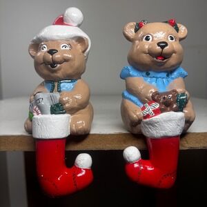 Pair of Ceramic Christmas Bears Stocking Holder Hangers Holiday‎ Decor